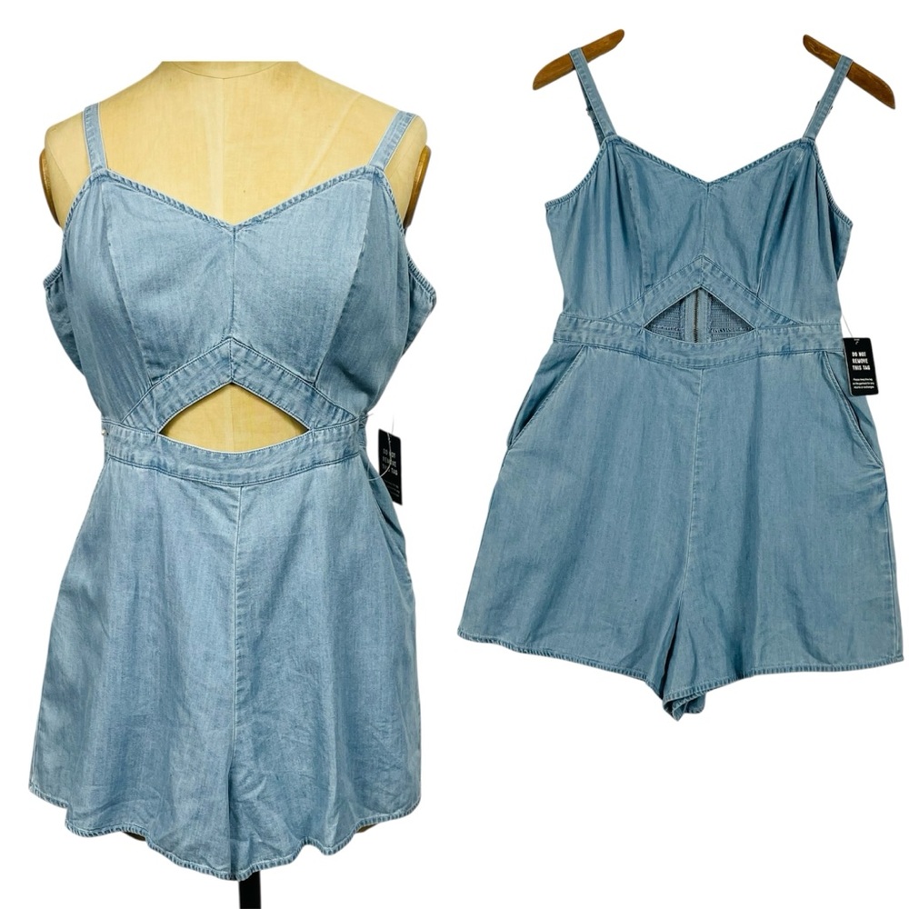 NWT Express Romper Lyocell Denim Soft Cutout Shorts Casual Minimal Contemporary